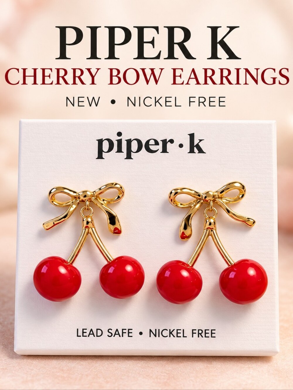NWT Piper K Cherry Bow Earrings Red Gold Nickel Free